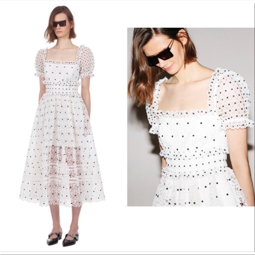 Self-Portrait White and Black Polka Dot Midi Dress